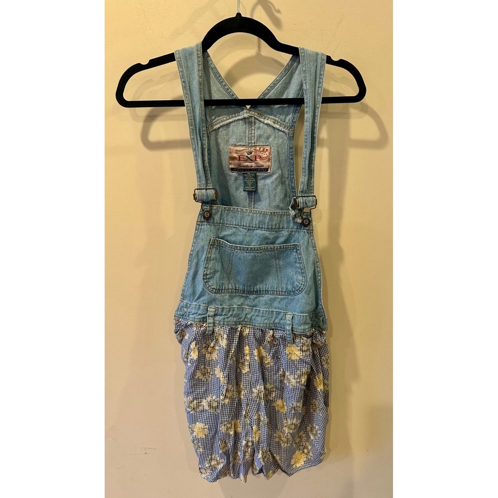 Vintage Express Shortalls Womens Small‎ Blue 100% Cotton Denim Floral Romper 90s